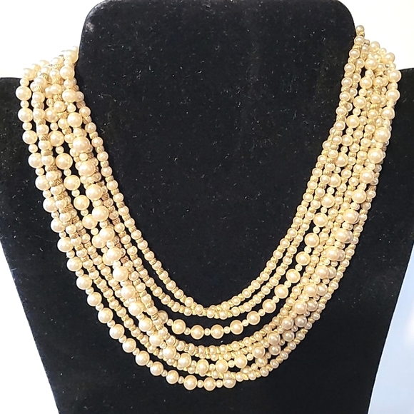 MARVELLA 8-STRAND PEARL & GOLD BEAD VINTAGE NECKLACE - Picture 2 of 10
